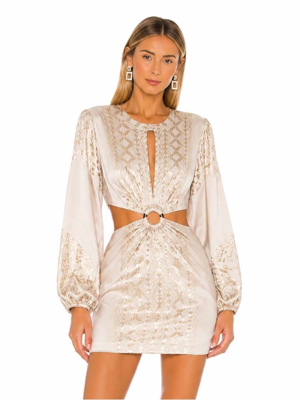 $650 LACE Cutout Ring-Front Mini Dress in Champagne Made in Greece US8 Revolve